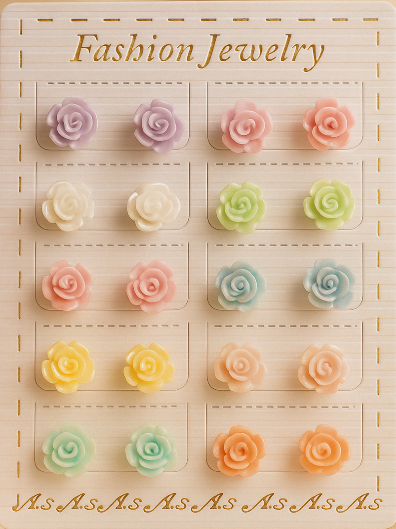 Pastel Rose Stud Earrings Set – 12 Pairs