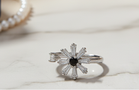 Snowflake Diamond Cluster Ring __ Silver