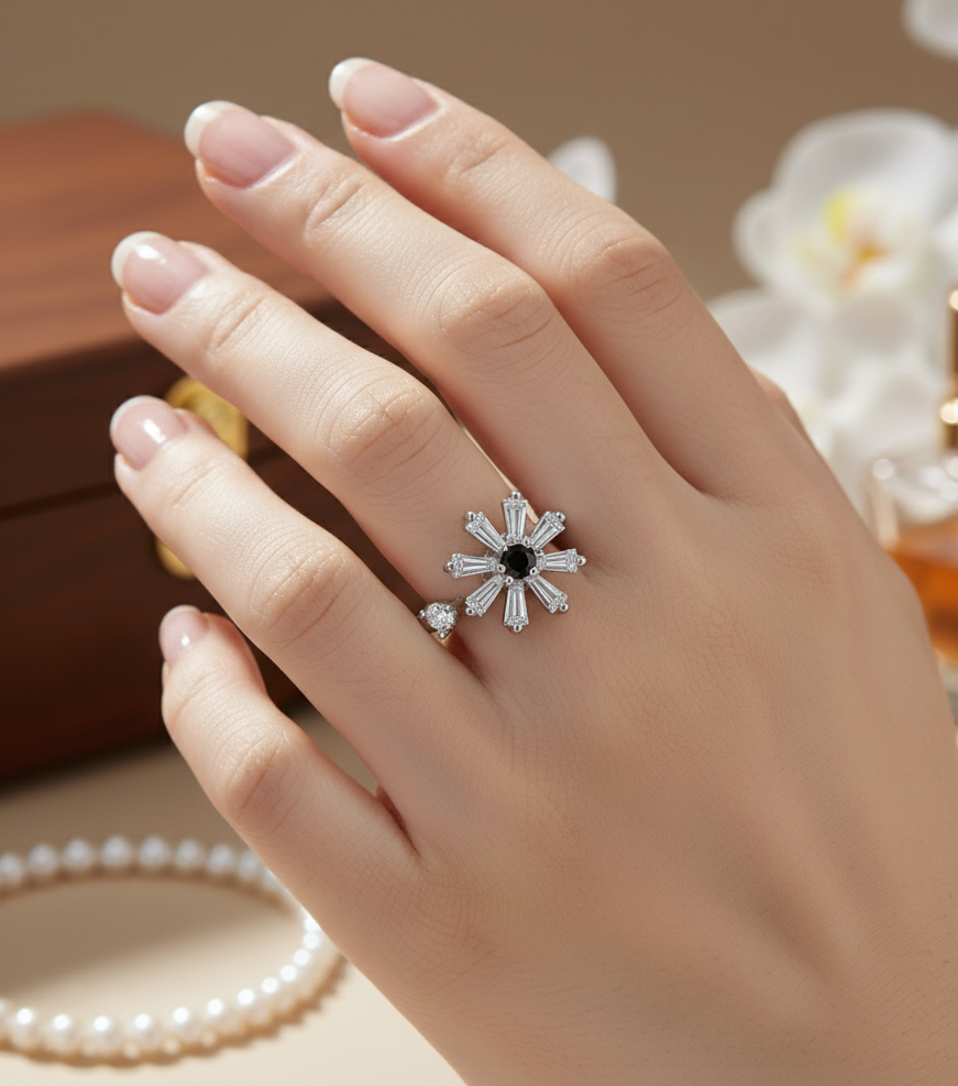 Snowflake Diamond Cluster Ring __ Silver