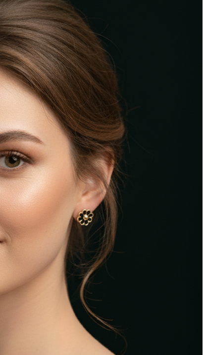 Black Blossom Gold Studs