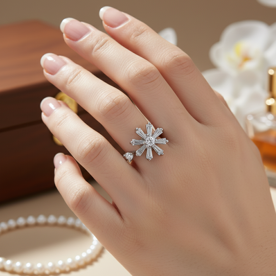 Snowflake Diamond Cluster Ring __ Silver