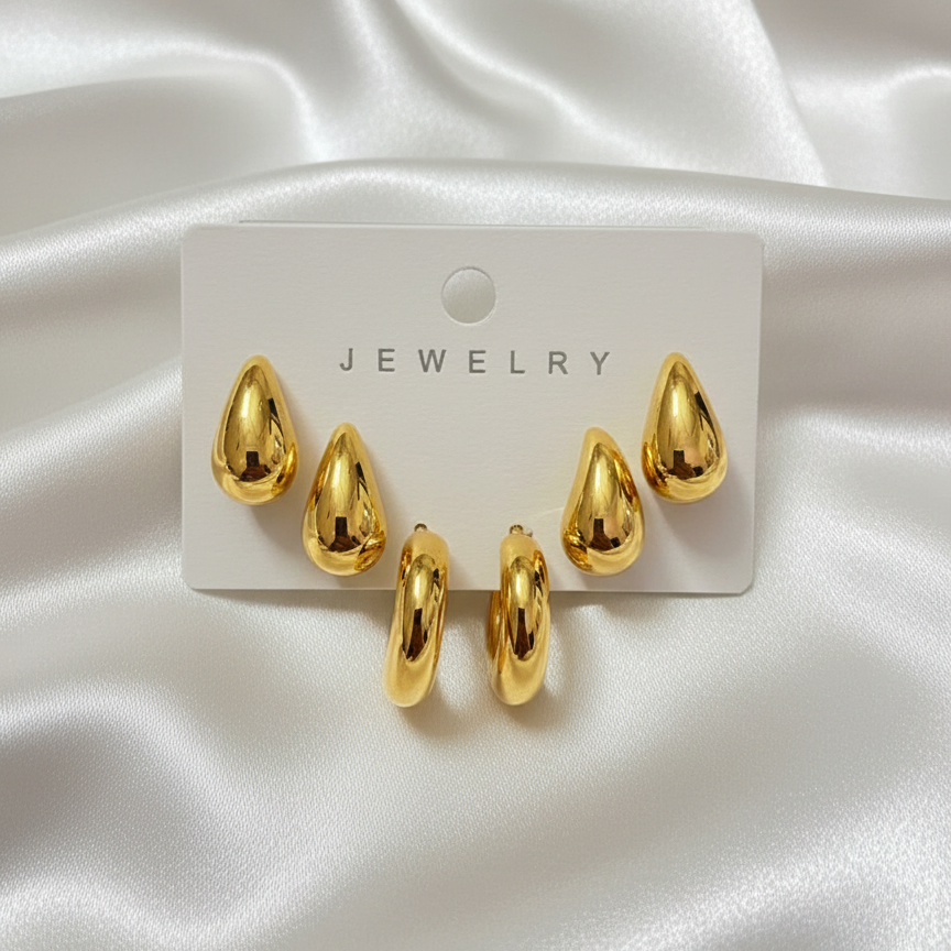 Golden Drop & Hoop Earrings Set