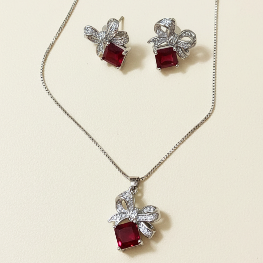 Ruby Bow Necklace & Earring Set