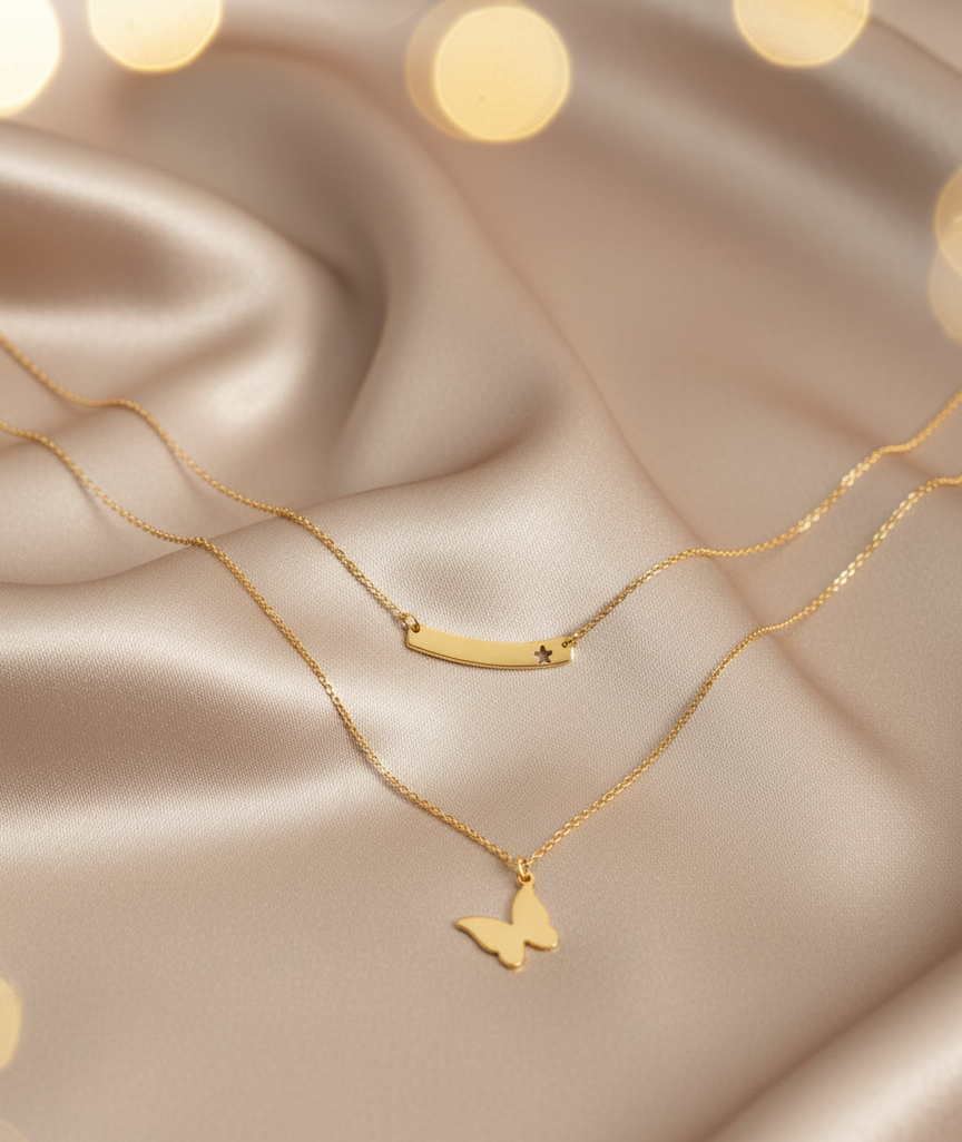 Butterfly Double Chain Necklace Set with Earrings