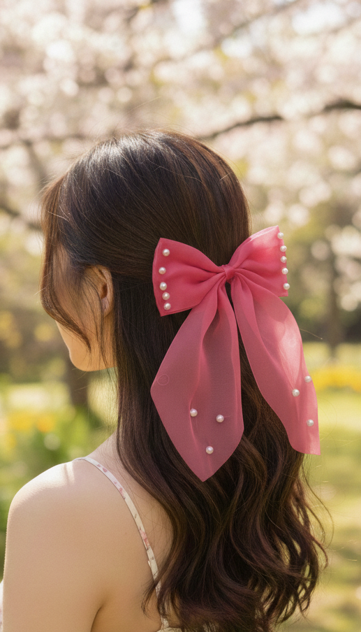 Pearl-Embellished Satin Bow Hair Clip