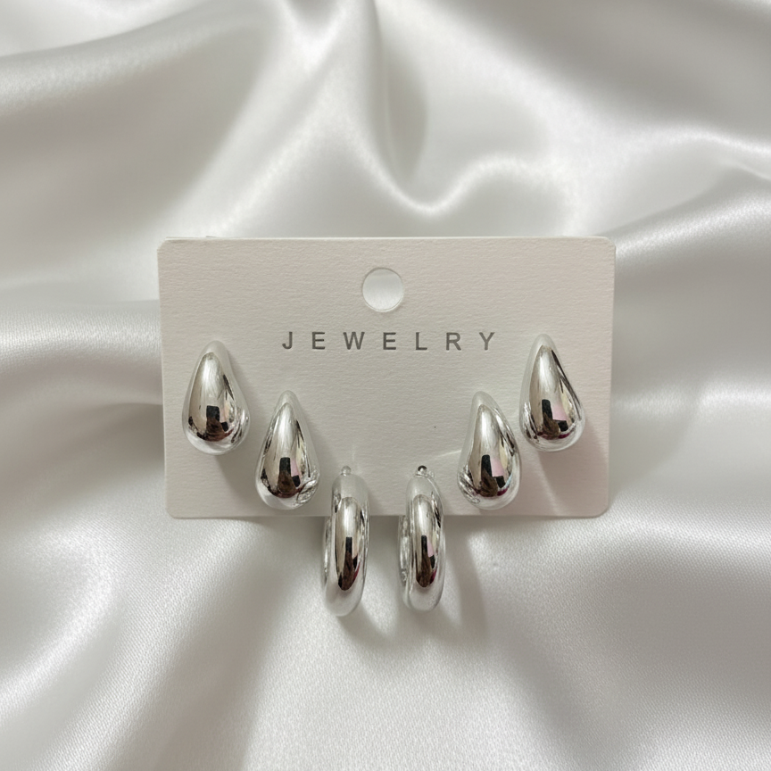 Silver Drop & Hoop Earrings Set