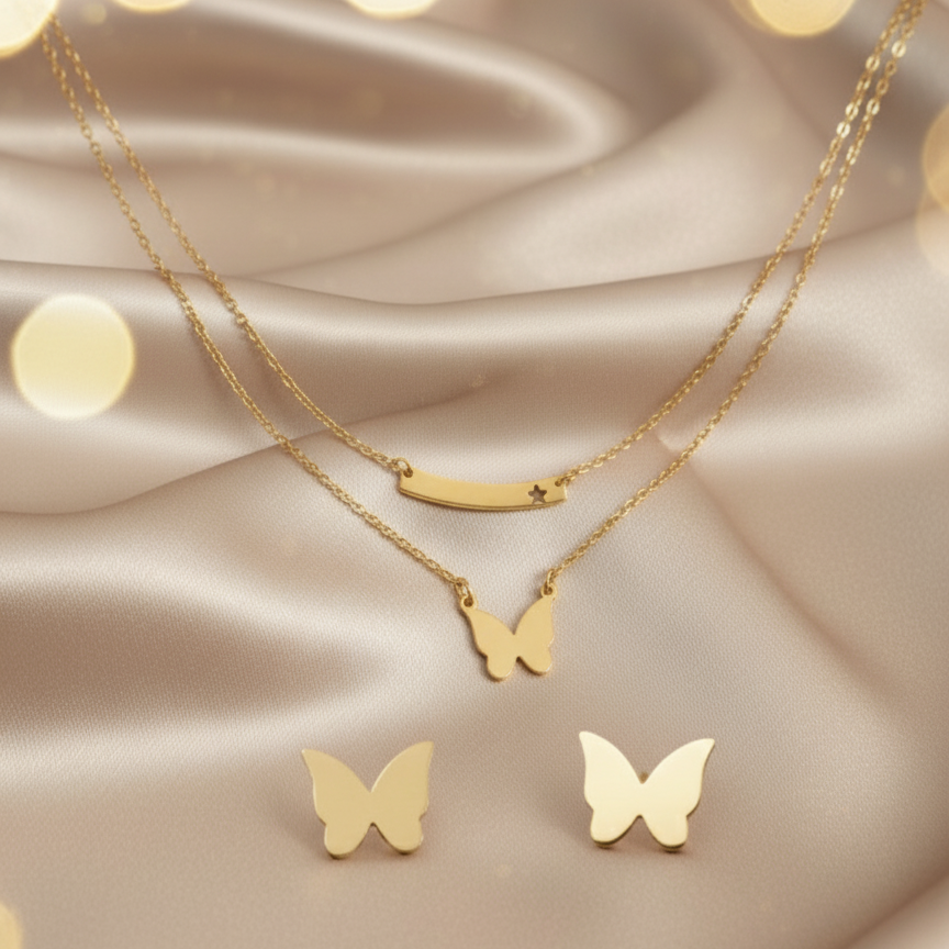 Butterfly Double Chain Necklace Set with Earrings