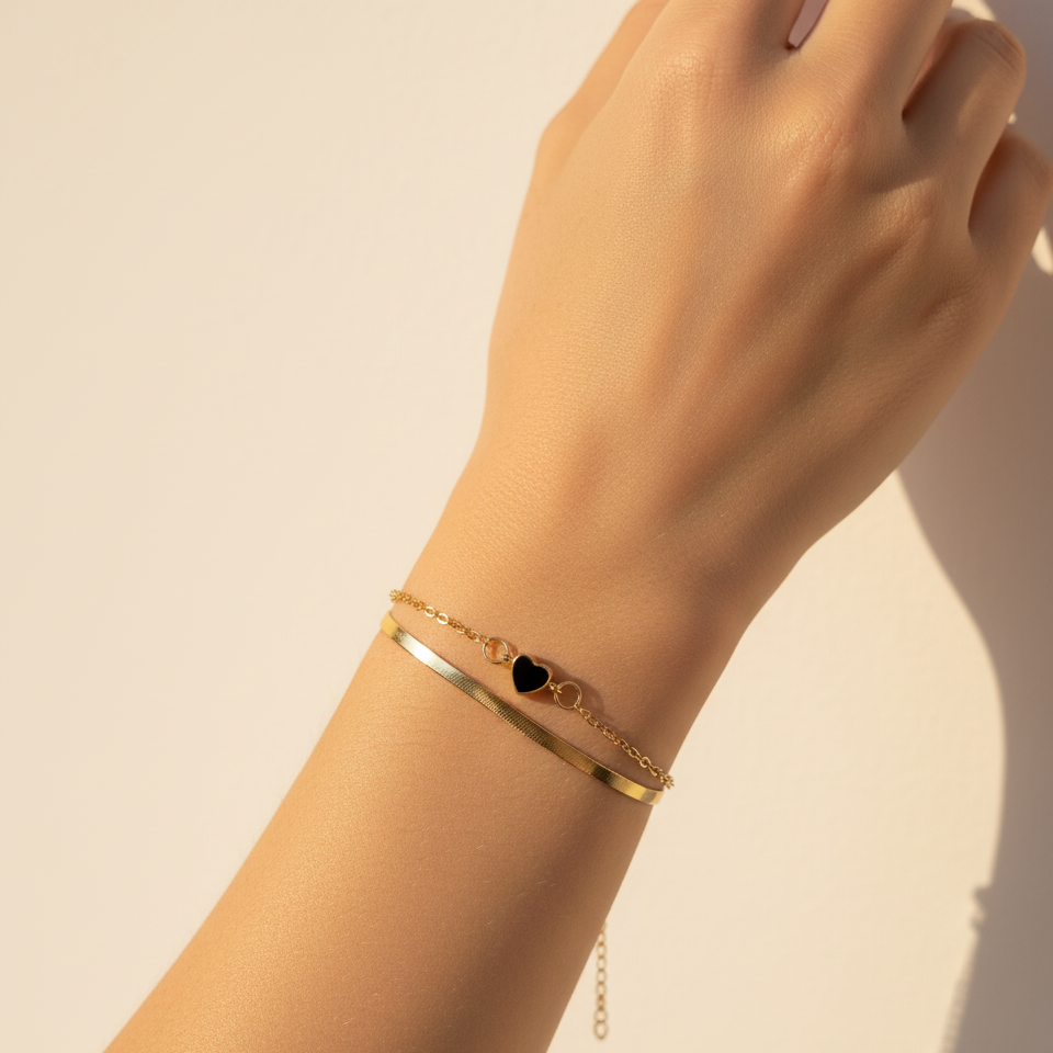 Dual-Tone Heart Charm Chain Bracelet